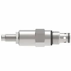 Steel-body pressure control cartridge valve with screw adjustment. Features C-10-2 valve cavity size and Nitrile seals. Used in hydraulic systems to regulate pressure in mobile and industrial equipment such as loaders, lifts, and presses.