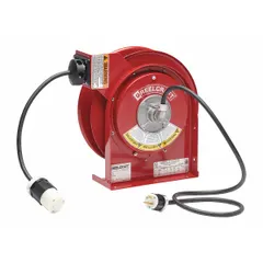 Self-retracting cord reel with ratchet lock mechanism for holding cord at desired length. Includes 45 ft of 12 AWG SJEOOW cable, feeder cord with NEMA 5-20P plug, and retractable cord with NEMA L5-20R connector. Used in workshops and maintenance areas to manage power cords and reduce trip hazards.