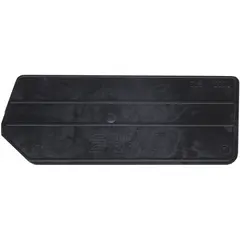 This bin divider is designed for use with QUANTUM STORAGE SYSTEMS model QUS220 hanging and stacking bins. It measures 7 inches by 2 3/4 inches and is black in color. The divider is not electrostatic discharge conductive. It is used to subdivide bins into smaller compartments for organizing small parts, fasteners, and components in industrial storage and assembly environments.