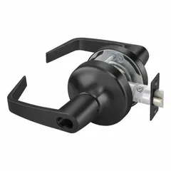 This storeroom lever lockset is designed for applications where exterior access is controlled, such as closets or storage rooms. It features a Black Suede powder coated finish on cast zinc, an AU lever style, and is ADA compliant. The lockset meets ANSI A156.2 standards and has no visual indicator.