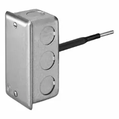 Duct-mounted temperature sensor with metal housing for single-point measurement in building automation systems. Measures air temperature from -40°F to 180°F with ±0.72°F accuracy. Hardwired connection supports MP-Bus protocol for integration with compatible building management systems. No display.