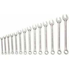 This 14-piece SAE 12-point combination wrench set is constructed from alloy steel with a nickel chrome finish. Each wrench features a 15° head offset angle for improved access in confined spaces. The set is suitable for tightening and loosening fasteners in general mechanical assembly and maintenance tasks.