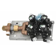 Brass air control valve for wash fountains, includes (2) 24V AC solenoid valve assemblies (RH). Used to regulate air flow for valve actuation in commercial or institutional restroom wash fountain systems.