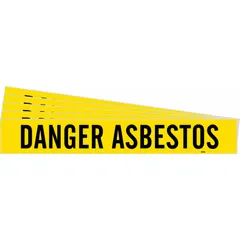Yellow pipe marker with black legend reading 'Danger Asbestos' for identifying pipes containing asbestos. Fits pipe outer diameters of 8 inches and larger. Sold in a 5-pack with one marker per pack. No directional arrows. Used in industrial facilities to warn of asbestos hazards.
