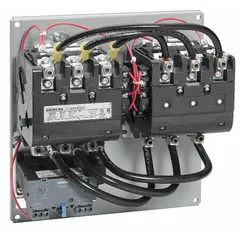Three-pole reversing starter with electronic overload protection, NEMA Size 3, rated 90 A. Coil voltage 110/120V AC. Includes pilot light, one normally open auxiliary contact, and screw terminals. Suitable for reversing three-phase motors in applications such as conveyors, hoists, and pumps.
