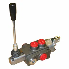 This single-spool monoblock valve features a Tandem Center configuration with three-way/three-position operation and spring-centered return. It provides manual directional control of hydraulic fluid flow in mobile or industrial equipment such as loaders and lifts.