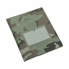 Vinyl pocket folder in camouflage color. Measures 10 inches high by 8 inches wide. Features two pockets for organizing documents. Suitable for office, field, or industrial use.