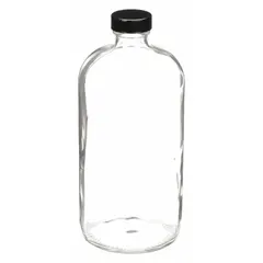 This 1 L clear narrow mouth round glass lab bottle is made from Type III soda lime glass with a colorless body. It features an attached 33-400 mm phenolic screw closure with a PolyCone liner. Suitable for general laboratory storage of reagents, chemicals, and samples.