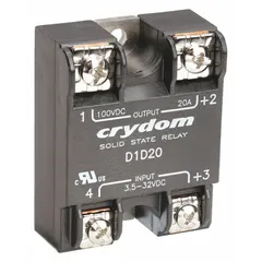 Panel-mounted solid state relay with MOSFET DC output, Form A (SPST-NO) configuration. Switches 1 to 72V DC at up to 20 A (12 A without heat sink). Input current 15 mA DC. Screw clamp electrical connections. Suitable for switching DC loads in industrial control panels and automation systems.