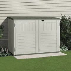 Horizontal plastic cabinet-style shed with 70 cu ft capacity, constructed of steel-reinforced resin in beige/gray. Measures 65 1/2 in L x 38 1/2 in D x 49 1/2 in H, lockable, and ships unassembled. Suitable for storing garden tools, lawn equipment, and outdoor gear.