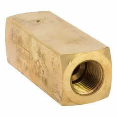 Brass-bodied check valve with 1/2 in NPT inlet and outlet connections. Allows flow in one direction and prevents backflow in hydraulic systems. Suitable for general purpose flow control applications.