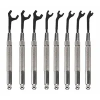 This SAE single-end open end wrench set includes 8 tools with a 30° opening angle, constructed from alloy steel with a steel-plated finish. The interchangeable handle design allows access to fasteners in confined spaces. Supplied in a vinyl pouch for storage