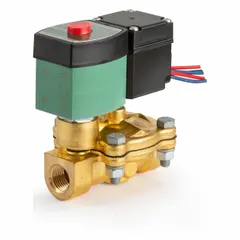 This REDHAT solenoid valve is a 2-way, 2-position normally closed type with a 1/2 in pipe size and 24V DC operation. It features a watertight coil enclosure for moisture resistance and is designed for high flow applications. Suitable for on/off control of liquids and gases in industrial automation, water treatment, and process systems.
