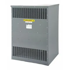 Three-phase step-up transformer with 208V AC input and 480V AC Wye output. Features aluminum winding material and is designed for floor mounting. Suitable for industrial and commercial power distribution systems requiring voltage step-up for equipment or lighting.
