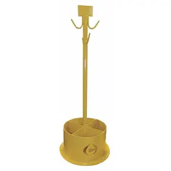 Steel sling stand finished in yellow, with overall length of 60 1/4 inches and width of 24 inches. Designed for storing wire rope slings, keeping them off the floor to prevent damage and tangling in industrial facilities, rigging shops, and warehouses.