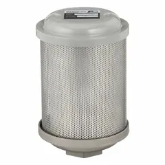 Inlet filter with cover for regenerative blowers. Features a 5 1/8 in outside diameter and threaded connection. Provides filtration for blower intake air in pneumatic conveying, wastewater aeration, and vacuum systems.