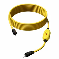 This 51 ft inline GFCI cord features a 12/3 gauge SJTW cable with a NEMA 5-15P plug and 5-15R receptacle, rated 15 A at 125V AC. The auto-reset GFCI module provides ground fault protection for connected equipment. Suitable for power tools, temporary power distribution, and job-site applications requiring a long reach.