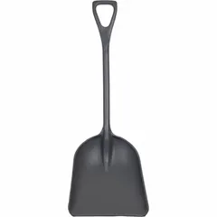 All-plastic industrial shovel with one-piece regrind construction in gray. Features a #4 blade size with 13-11/16 inch blade width and D-Grip handle. Suitable for heavy-duty material handling in industrial, agricultural, and construction applications.