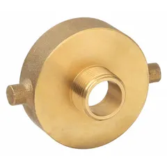 This brass straight adapter connects fire hoses with NH threads to NPT-threaded standpipes or hydrants. It is used in fire protection systems to transition between thread types, ensuring a secure connection for water supply.