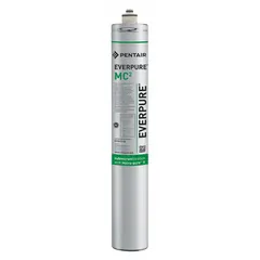 This quick-connect water filter is designed for drinking fountains and beverage machines. It reduces sediment using Agion filter media, with a flow rate of 1.7 gpm and a capacity of 9,000 gallons. Overall height is 20 3/4 inches.