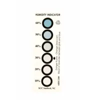 Blotter paper humidity indicator infused with cobaltous chloride, featuring six color-change dots per card. Each card measures 4 3/4 inches long. Supplied in a case of 200 indicators for visual moisture monitoring in sealed containers and packaging