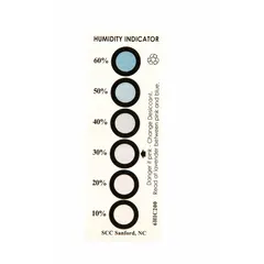 Blotter paper humidity indicator infused with cobaltous chloride, featuring six color-change dots per card. Each card measures 4 3/4 inches long. Supplied in a case of 200 indicators for visual moisture monitoring in sealed containers and packaging.