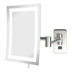 Rectangular lighted makeup mirror with glass mirror and metal frame in silver nickel finish. Features front lighting and polished edge. Wall mounted. Overall dimensions: 13 in height, 11 in width, 3 in depth. Suitable for bathroom or vanity areas.