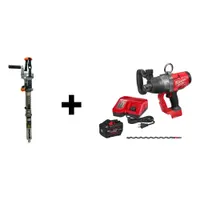 This railroad tie drill kit is designed for drilling holes in wooden ties during track maintenance and construction. It features a brushless motor delivering up to 1,500 ft-lb of torque, a 1 in drive size, and a 7/16 in chuck. The kit includes the drill attachment and is suitable for use with large auger bits in dense hardwood ties