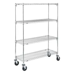 This mobile wire shelving unit from METRO is designed for dry environments. It features four steel shelves with a chrome finish and silver color, round posts, and two swivel casters with brakes and rubber tread. The quick-adjust mechanism allows shelf repositioning without tools. Suitable for organizing supplies, tools, or packaged goods in warehouses, kitchens, or retail backrooms.