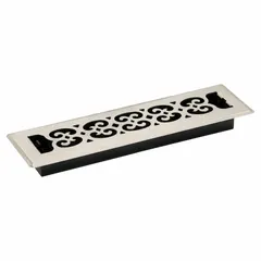 Decorative brushed nickel steel floor grille, 13 1/2 in high by 3 3/4 in wide, with one-way airflow and non-adjustable blades. Suitable for fixed ventilation in floor systems where a consistent air return or supply is required.