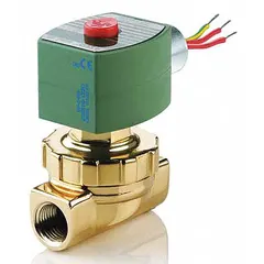 This REDHAT solenoid valve is a 2-way, 2-position normally closed type with a brass body. It has a 1/2 in pipe size and operates on 110V AC voltage. The coil enclosure is without a junction box. Typical applications include controlling flow of water, air, and light oils in industrial automation and process control systems.