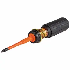 Insulated square screwdriver with dual #1 and #2 tip sizes, 3-1/2 in shank length, and 8 in overall length. Cushion grip handle provides comfort. Suitable for turning square-recess fasteners in electrical applications where insulation is required.