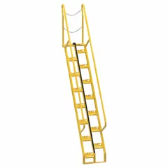 Steel alternating-tread stairs with perforated yellow finish, 12.5 ft overall height, and 350 lb load capacity. Designed for steep-angle access to elevated platforms, mezzanines, and equipment in industrial settings.