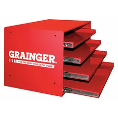 This red cabinet frame accommodates four drawers and is designed for use with sliding drawer cabinets. It is stackable, allowing for flexible storage configurations in workshops, warehouses, or assembly lines. The frame measures 20 inches by 15 3/4 inches by 15 inches and features a bearing mechanism for smooth drawer operation.