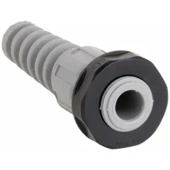 Straight cord grip with flex, nylon body and external strain relief. 3/8 in MNPT box connection. Accepts cord diameters from 0.21 in to 0.28 in. Used for securing and sealing cables entering junction boxes or enclosures in industrial wiring applications.