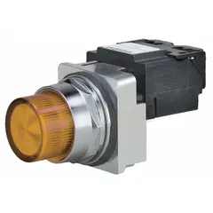 This amber incandescent pilot light from Siemens Class 52 Series is designed for 30 mm panel mounting. It provides visual status indication on industrial control panels, signaling machine states such as power-on or alarm conditions. The unit does not include a push-to-test feature.