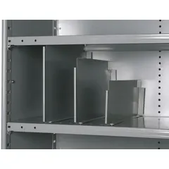 This vertical divider is designed for use with standard metal shelving to organize and separate stored items. Constructed from steel with a powder-coated gray finish, it is ESD conductive for environments requiring electrostatic discharge protection. Fasteners are included for installation.