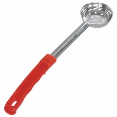 This CRESTWARE portion control spoon has a 2 oz capacity and is made of stainless steel with a perforated bowl and red handle. Overall length is 13 1/2 inches. The perforated design allows liquid to drain, making it suitable for serving vegetables, pasta, or fruit in commercial kitchens.