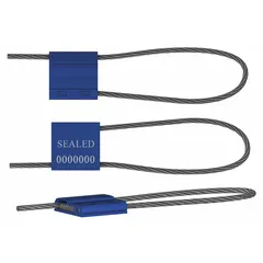 Steel adjustable-length cable seal with 12-inch cable length and 1/8-inch diameter. White marking reads 'Sealed' with sequential numbers and barcode. Supplied in a 50-pack. Used for tamper-evident sealing of containers, trucks, and cargo doors during transit.