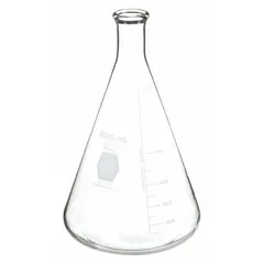 This 6 L conical Erlenmeyer flask is made from colorless borosilicate glass meeting USP Type I specifications. It is compatible with stopper size 13 and is suitable for mixing, heating, and storing liquids in laboratory applications such as titration, culturing, and chemical reactions.
