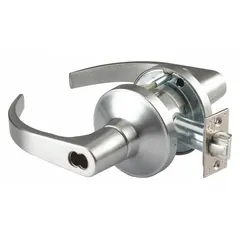 This privacy lever lockset features a satin chromium-plated die cast zinc construction with a GT176 Philadelphia style. It is ADA compliant and operates with an ANSI F76 function, allowing locking from the interior via a push button. Suitable for interior doors requiring privacy, such as restrooms, bedrooms, or offices.