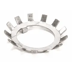 Lock washer designed for use with HOBART D330 food mixers. Secures fasteners to prevent loosening from vibration during mixer operation. Suitable for maintenance and repair of commercial food mixing equipment.