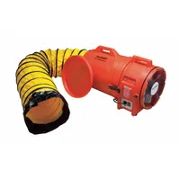 This axial blower and ducting combination unit is designed for ventilating confined spaces such as tanks, vaults, and manholes. It operates at 120/240 V AC, draws 13 A, and delivers 1 hp. The unit features a 12-inch duct diameter and an orange finish