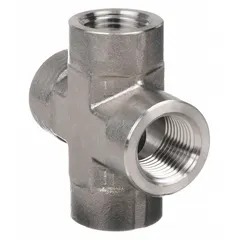 This 316 stainless steel pipe cross features four 1/4 in ports and is rated for a maximum operating pressure of 5,600 psi. It is used in extreme pressure instrumentation systems to split or combine fluid flow, typical in applications such as hydraulic control panels and process lines.