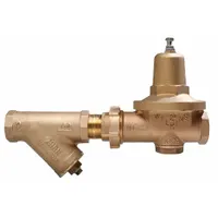 Cast bronze high capacity water pressure regulator with single union design. Features 1 1/4 inch FNPT x FNPT connections. Low-lead compliant for potable water systems. Used to reduce and stabilize incoming water pressure in commercial and residential plumbing applications