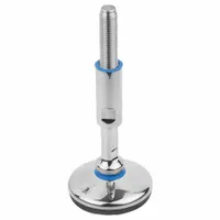 Hygienic male leveling mount with polished finish and round base. M24 thread size, 120 mm length, 30 kN load capacity. Used for leveling and height adjustment of machinery, conveyors, and workstations in environments requiring cleanability