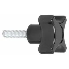 This DAVIES 4-arm knob features a threaded stud with 5/16"-18 thread and a 2-inch diameter. Made from thermoset material, it is designed for manual adjustment, clamping, and positioning tasks on industrial equipment.