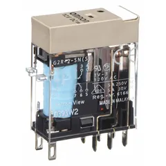 Plug-in relay from the G2RS Series with a square base and flat pin shape. Features DPDT contact configuration, 5 A current rating, and 12V DC coil voltage. Equipped with 8 quick-connect terminals. Suitable for general-purpose switching in industrial control panels, automation systems, and HVAC equipment.