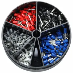 Mixed wire connector and terminal set containing 400 pieces, each of Mfr. No. FSD76-8. Accommodates wire sizes from 20 AWG to 14 AWG. Used for terminating and splicing wires in control panels, enclosures, and similar electrical installations.