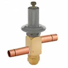 Two-way pressure-actuated water regulating valve with a brass body. Opening pressure range 0 psi to 20 psi. Connection size 3/8 in female sweat. For use with R-404A refrigerant. Used in refrigeration systems to modulate condenser water flow based on refrigerant pressure.